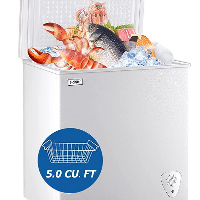 Chest Freezer 5.0 Cu.Ft Small Deep Freezer White WANAI Top Door Mini Freezer with Removable Basket, Low Noise, 7 Adjustable Temperature and Energy Saving Perfect for Home Garage Basement Dorm or Apartment Business