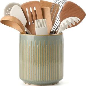 JIEMEI HOME Kitchen Utensil Holder, Ceramic Stable Utensil Crock for Countertop, 7.2" Large Utensil Organizer with Cork Mat, Removable Bamboo Divider for Kitchen Décor and Accessories, Green