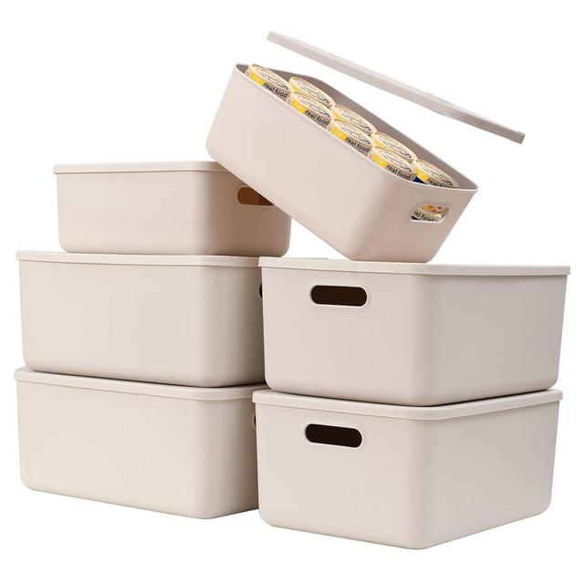 Yishyfier Plastic Storage Baskets With Lid Organizing Container Lidded Knit Storage Organizer Bins for Shelves Drawers Desktop Closet Playroom Classroom Office (4M+2S, Light grey)