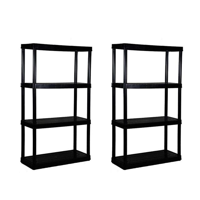 Gracious Living 14" x 32" x 54.5" 4-Shelf Tier Resin Multi-Purpose Medium Duty Indoor Garage Storage Organizer Shelves, Black (2 Pack)