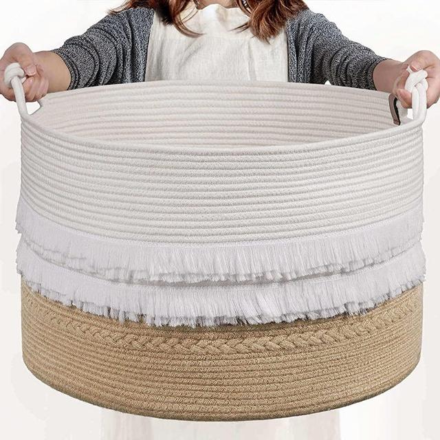 CherryNow Large Wicker Laundry Basket for Entryway, Bedroom, Jute Decorative Basket for Clothes, Toys, Towel Basket for Bathrooom, 22 x 14 inches, 83L