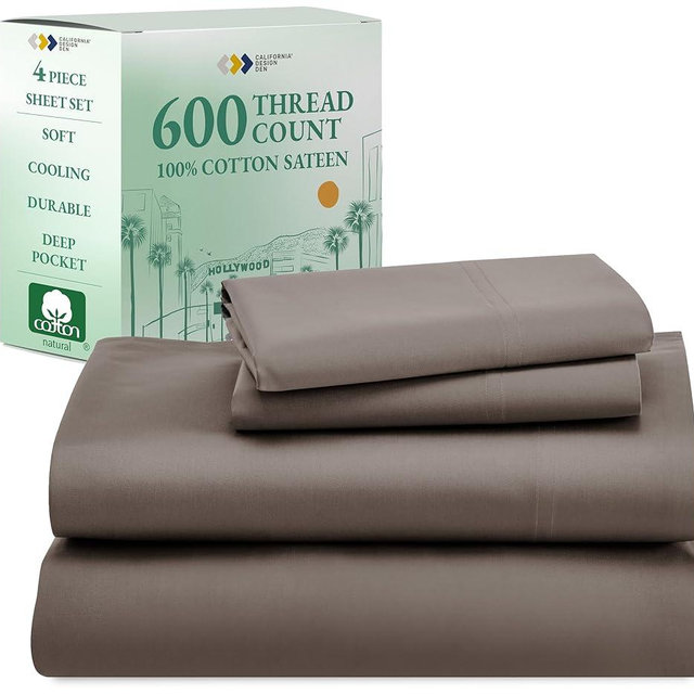 California Design Den 600 Thread Count Sheets King, 100% Cotton Sheet, Sateen, King Size Bed Sheets, Soft, Cooling, Hotel-Quality Bedding with Deep Pockets - Brown