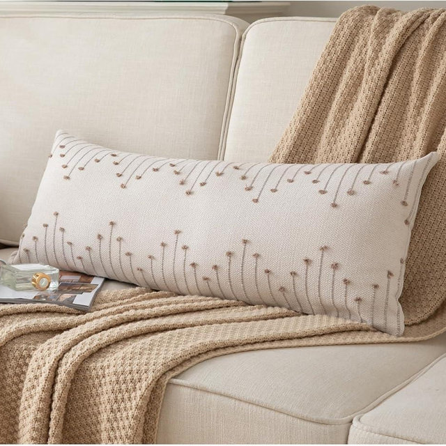 Boho Lumbar Pillow Cover 14x36 Long Pack of 1 Decorative Pillows Bed, Beige with Tan Body Throw Pillow Covers, for Modern Farmhouse Sofa Bedroom Living Room Home Decor Couch Pillowcase