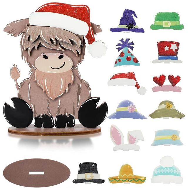 Suzile Highlands Cow Farmhouse Tiered Tray Decor Set with Interchangeable Hats Rustic Wooden Farm House Decor Highland Cow Party Decorations Interchangeable Seasonal Wood Sign for Home Kitchen Table