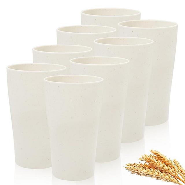 EI 8pcs Wheat Straw Cups,Beige Plastic Reusable Cups,15oz Unbreakable Plastic Tumbler Cups,Cups for Kitchen,Dishwasher Safe Water Plastic Glasses,Drinking Glasses for Water, Coffee, Juice, Tea