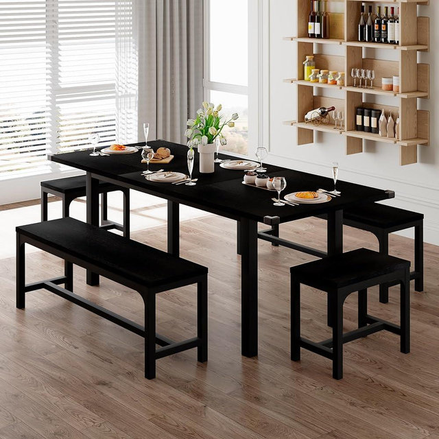 Feonase 5-Piece Dining Table Set for 4-8 People, 63" Large Extendable Kitchen Table Set with 2 Benches and 2 Square Stools, Dining Room Table with MDF Wood Board, Easy Assembly, Black