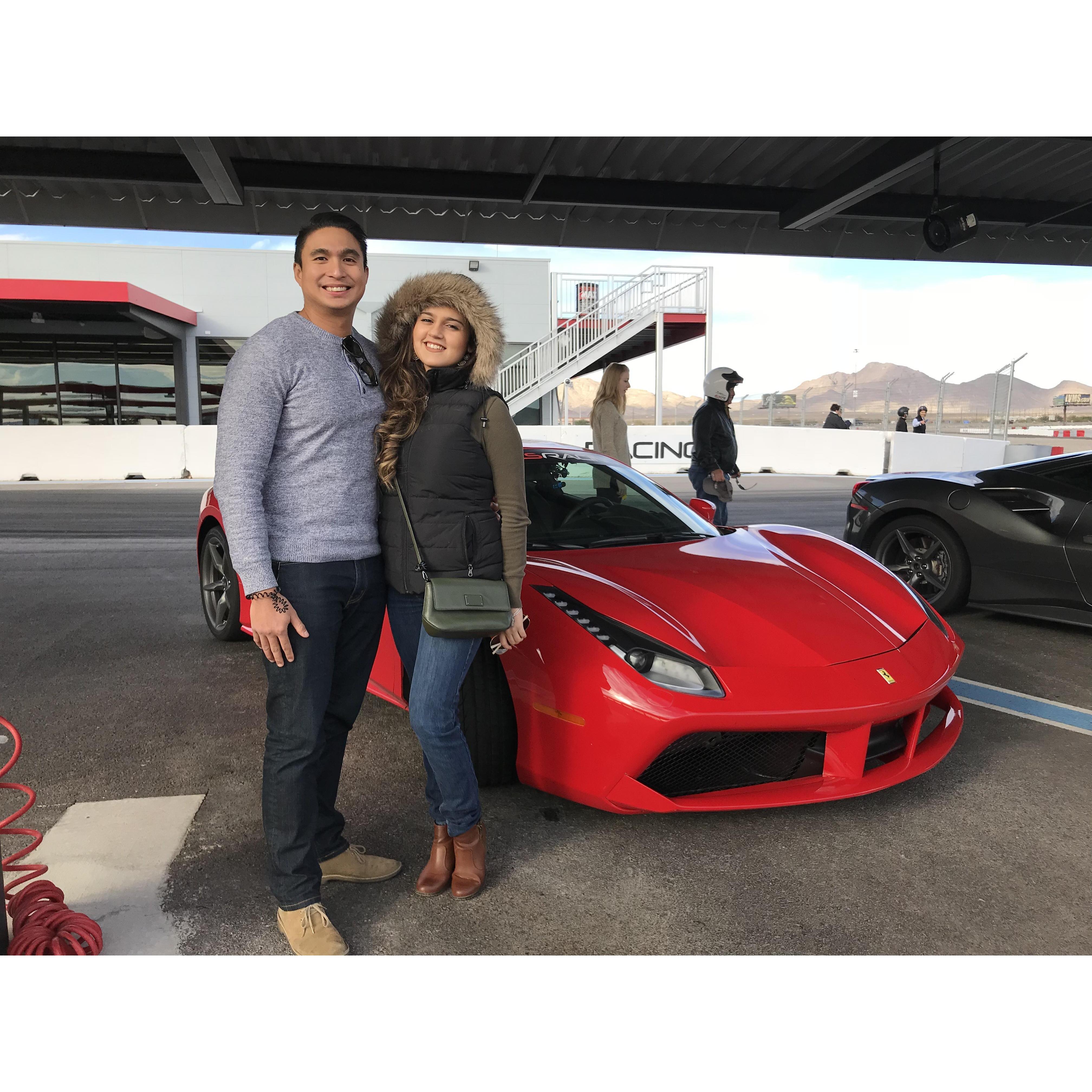 Our first time driving exotic and sexy cars around a racetrack! (Miguel drove)