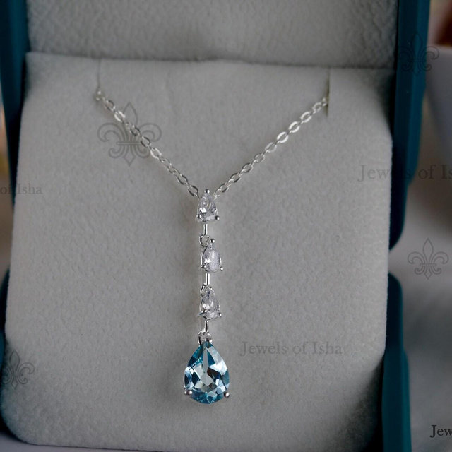 Aquamarine Pear Y Necklace 7x10mm Long Teardrop Pendant 925 Sterling Silver or 14k Gold Vermeil,Sea Blue Aquamarine Bridal Necklace Gift Her