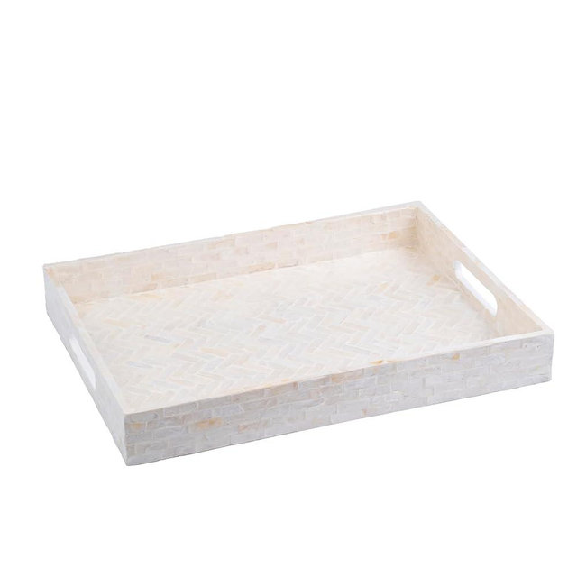 PEMAR Handmade Capiz Shell Decorative Serving Tray – Mother of Pearl Finish Herringbone Mosaic Rectangular Tray with Handles, 15.74 x 11.8 x 2 in, for Coffee Table & Home Decor