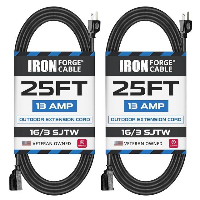 Iron Forge Cable 2 Pack 25 Ft Black Extension Cord, 16/3, 25 Foot Extension Cord, 3 Prong, Weatherproof - Great for Outside Use