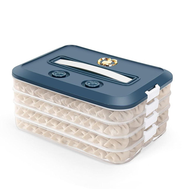 OFFKITSLY Food Storage Containers with Lids, Plastic Cookie Storage Containers Airtight, 4-Layer Stackable Food Containers Dumpling Storage Box, Blue