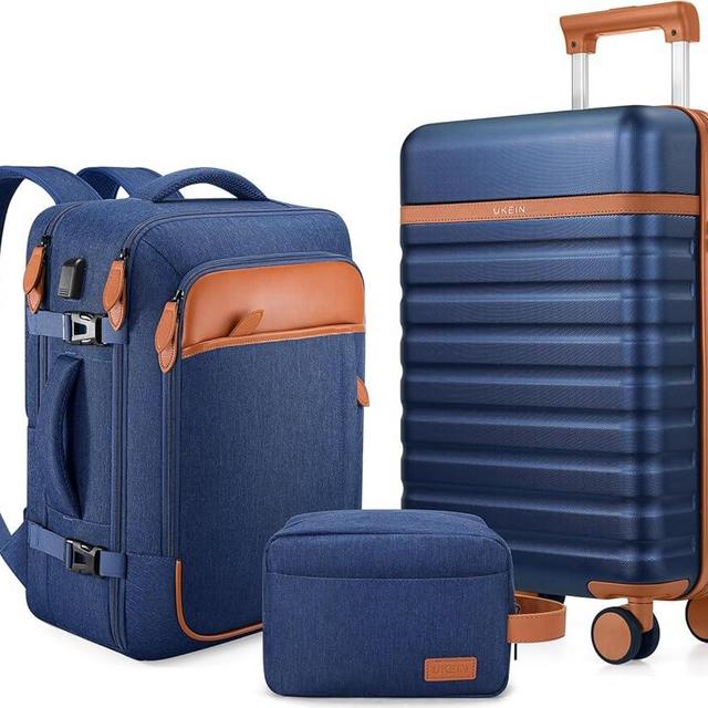 UKEIN Luggage Sets 3 Piece, Carry On Luggage 20 Inch With Spinner Wheels,PC Hardside Suitcase Set with TSA Lock,Durable Carry On Suitcase With Travel Backpack for Men Women(Blue Brown)
