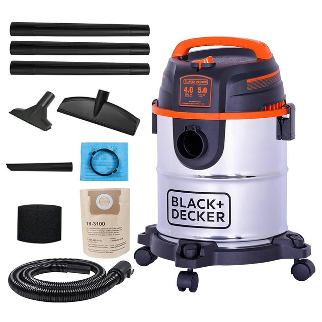 BLACK+DECKER Shop Vacuum Wet and Dry, 5 Gallon 3-in-1 Stainless Steel Shop Vac with Accessories, 4 HP Vacuum Cleaner, for Workshop, Home, Garage and Pet, BDXV18143