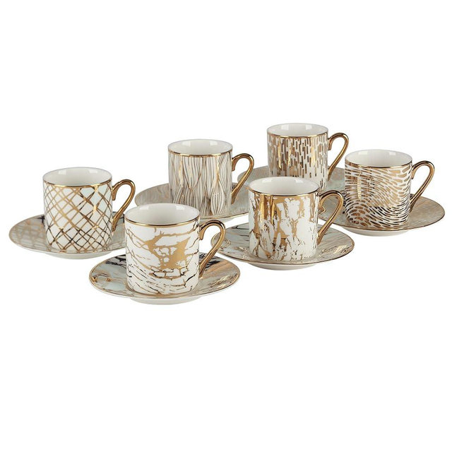 Certified International Matrix Gold Porcelain Espresso Cup & Saucer Set – 6 Assorted Modern Designs with Gold Plated Accents – Elegant Espresso Cups for Entertaining, Gift-Giving & Home Décor