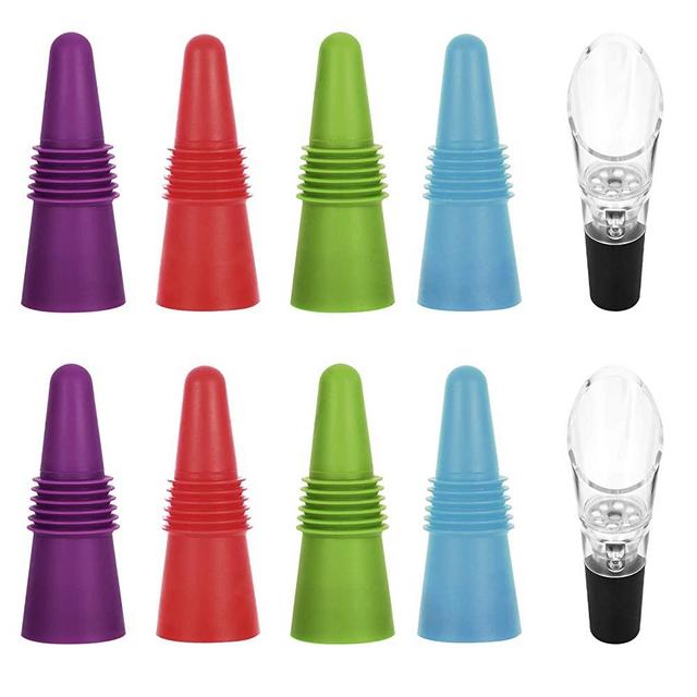 Wine Bottle Stoppers, Set of 8 Wine Stoppers with 2 Wine Aerators Pourers, Bright Color Silicone Resuable Wine Topper Stoppers for Wine Bottles, with Non-Leak Wine Aerating Decanter Spout