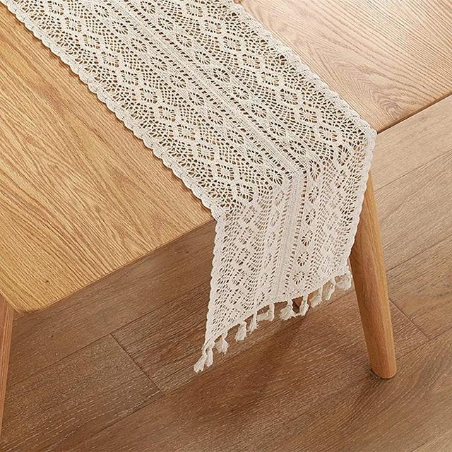 Gemseek 72 Inch Boho Beige Table Runner, Vintage Farmhouse Bohemian Crochet Macrame Table Runner for Wedding Party Coffee Dining Table Decor
