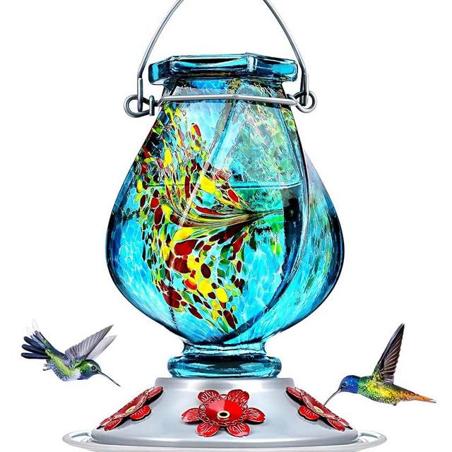 BOLITE Hummingbird Feeders for Outdoors Hanging, 18058B Hand Blown Glass, 22 Ounce, 5 Feeding Ports with Perch, Blue