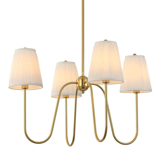 Electro bp; 27" Dia 4-Arm White Pleated Fabric Shades Chandeliers with Polished Gold Metal Curve French Country Brocade Covers Ceiling Light Fixture,E12,160W,for Living Room,Dining Table;