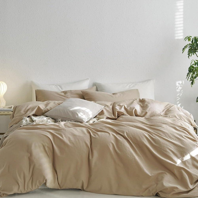 MooMee King Duvet Cover Set, 100% Washed Cotton Linen Like Twill Thick Sturdy Material Super Soft Breathable Durable Bedding for All Season, 3 Pieces (Camel, King 104"x90")