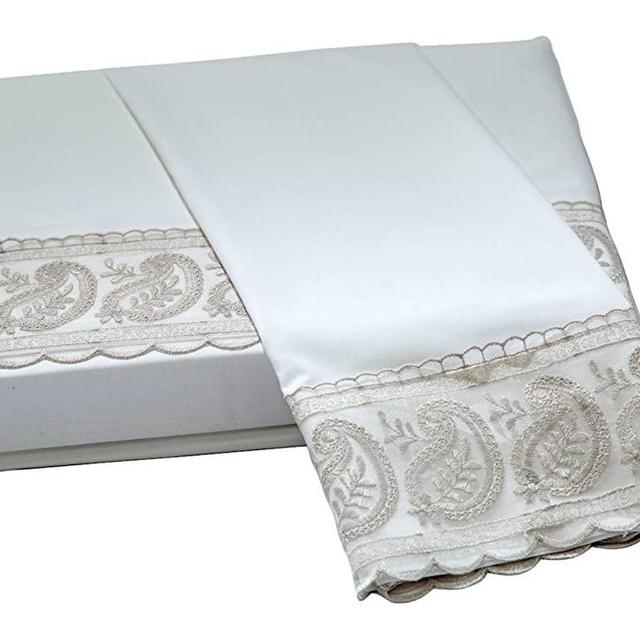 Belle Epoque Traditional SAN REMO LACE Sheet Set, Queen, White/Taupe