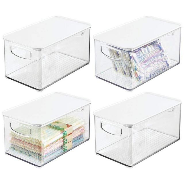 mDesign Plastic Stackable Kitchen Pantry Cabinet, Refrigerator, Freezer Food Storage Bin Box with Handles, Lid - Organizer for Fruit, Jars, Packets, Snacks, Pasta - 10" Long - 4 Pack - Clear/White