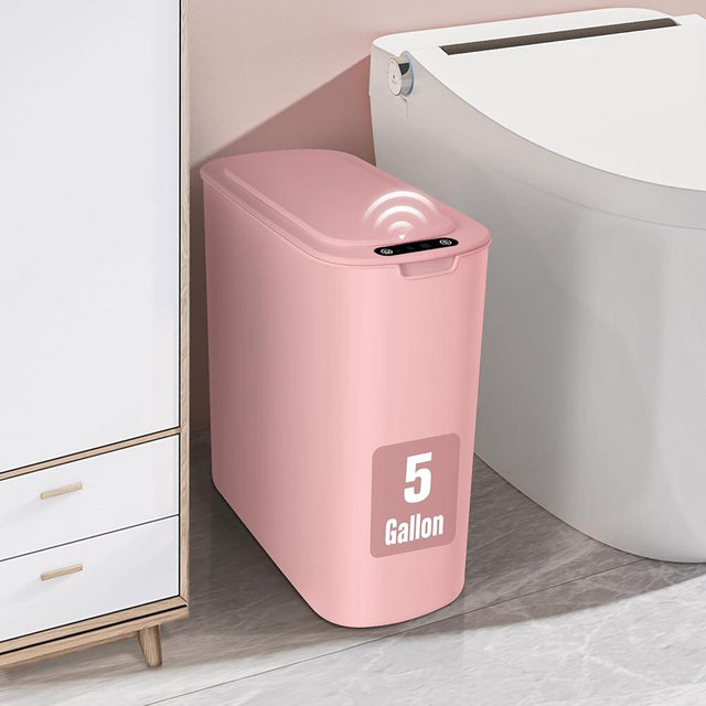 Cesun 5 Gallon Pink Automatic Bathroom Trash Can, Touchless Motion Sensor Garbage Can with Lid, Plastic Slim Cute Wastebasket for Bathroom, Office, rv, Bedroom, Pink