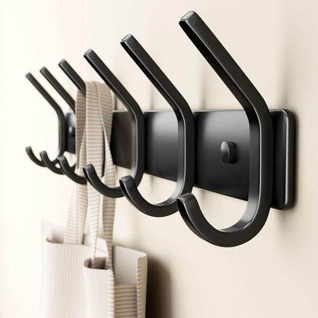 GWAAZXGZ Coat Rack Wall Mount Hooks - 15 Inch Matte Black Metal 6-Hook Organizer Wall Mounted, Modern Kids Room, Entryway & Bathroom Hanger for Beach Towels, Coats, Purses, Bags (1 Pack)