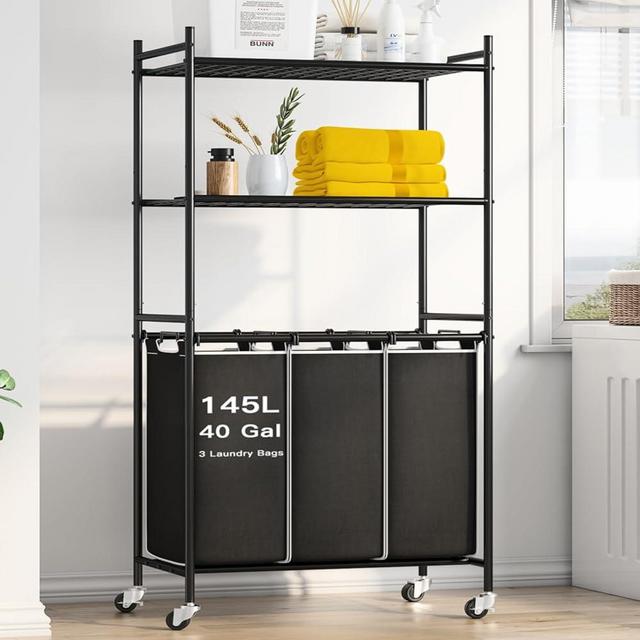 Raybee Laundry Sorter 3 Section Rolling Laundry Hamper Cart with Shelf 145L Large Laundry Basket Organizer 3 Compartment Hampers for Laundry Room Organization Laundry Station with Lockable Wheel,Black