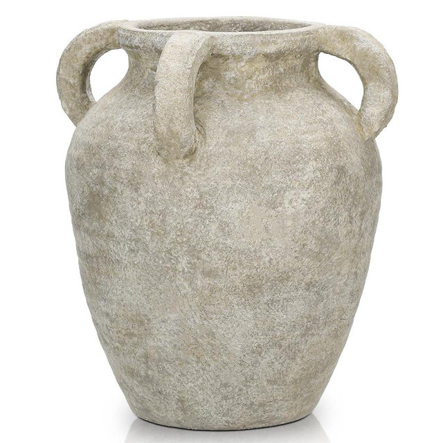 Handmade Flower Vase, 9.8" Tall Terracotta Vase, Vintage Ceramic vase, Rustic Green Antique Decor with 4 Handles, Wide Mouth, Matte Finish for Home Office Resto Café Décor