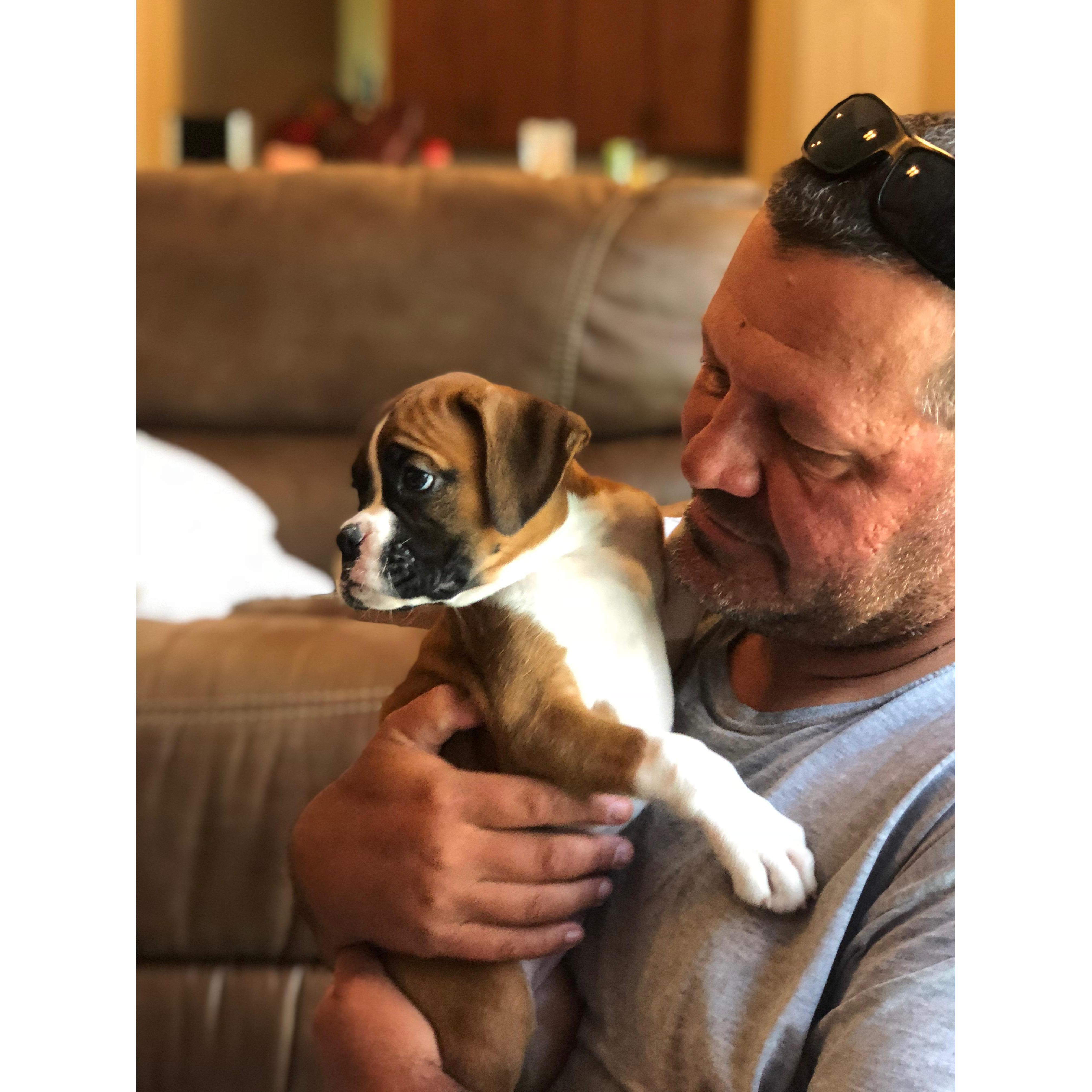Brian and our new puppy CJ the day we brought her home
