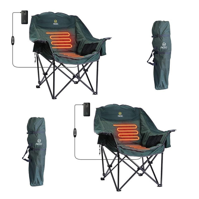 Nice C Heated Camping Chairs with Battery, Outdoor Heated Sports Chair, Oversized XL Padded Camping Chair, Wide&Thick, Heavy Duty 400lb, Carry Bag, Cup Holder & Cooler (Two Green)