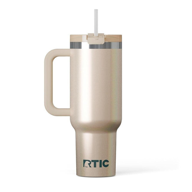 RTIC 40 oz Road Trip Tumbler Double-Walled Cermaic Lined Insulated Stainless Steel Portable Travel Coffee Mug Cup with Lid, Handle and Straw, Beach Glitter