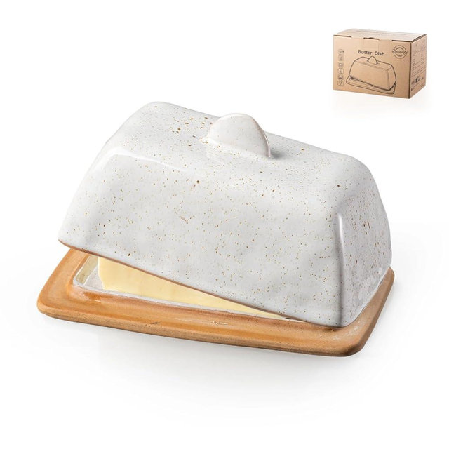 Besmeety Ceramic Butter Dish with Lid and Handle for Countertop, European 200g Butter Keeper, Farmhouse Decor (Grey)
