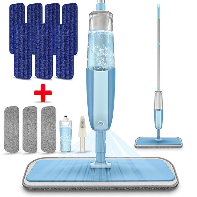 Wet Dry Mops with 10x Washable Reusable Pads and 1x Refillable Bottle for Floor Cleaning