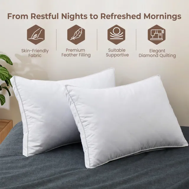 Peace Nest 2-Pack Medium Firm Diamond Quilted Feather Pillow with Gusset Design, King