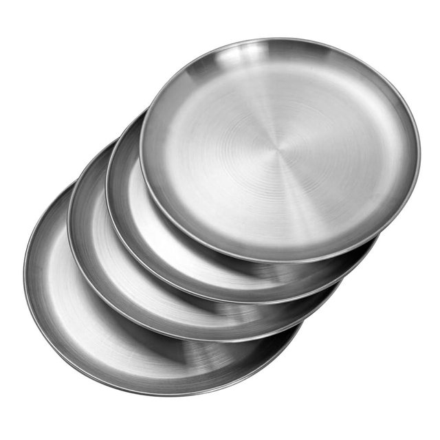 CAMBUY Stainless Steel Plates 10 inch Metal Lightweight Unbreakable Dinner Dishes Plates Set Non-Toxin Dishwasher Safe BPA Free and Healthy (4 Pcs)