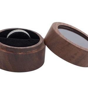 FINGERINSPIRE Walnut Wooden Ring Box 2x1.4inch Round Wooden Jewelry Ring Box with Clear Window Small Column Rings Box with One Slots Black Velvet for Proposal Engagement Birthday Wedding Ceremony