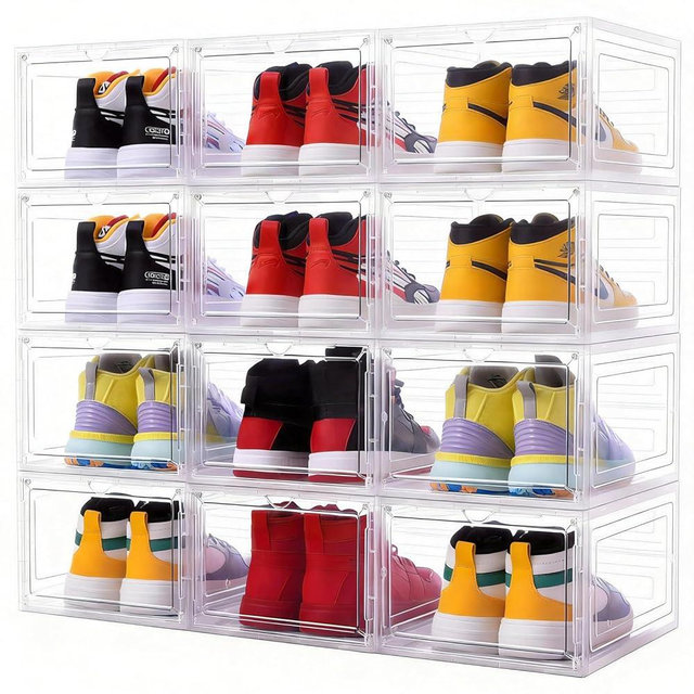 Yukui LLc Large Clear Shoe Storage Boxes Stackable, 12 Pack Hard Plastic Shoe Storage Organizer with Magnetic Door, Shoe Container Sneaker Storage Display Case Fit up to US Size 12 Clear