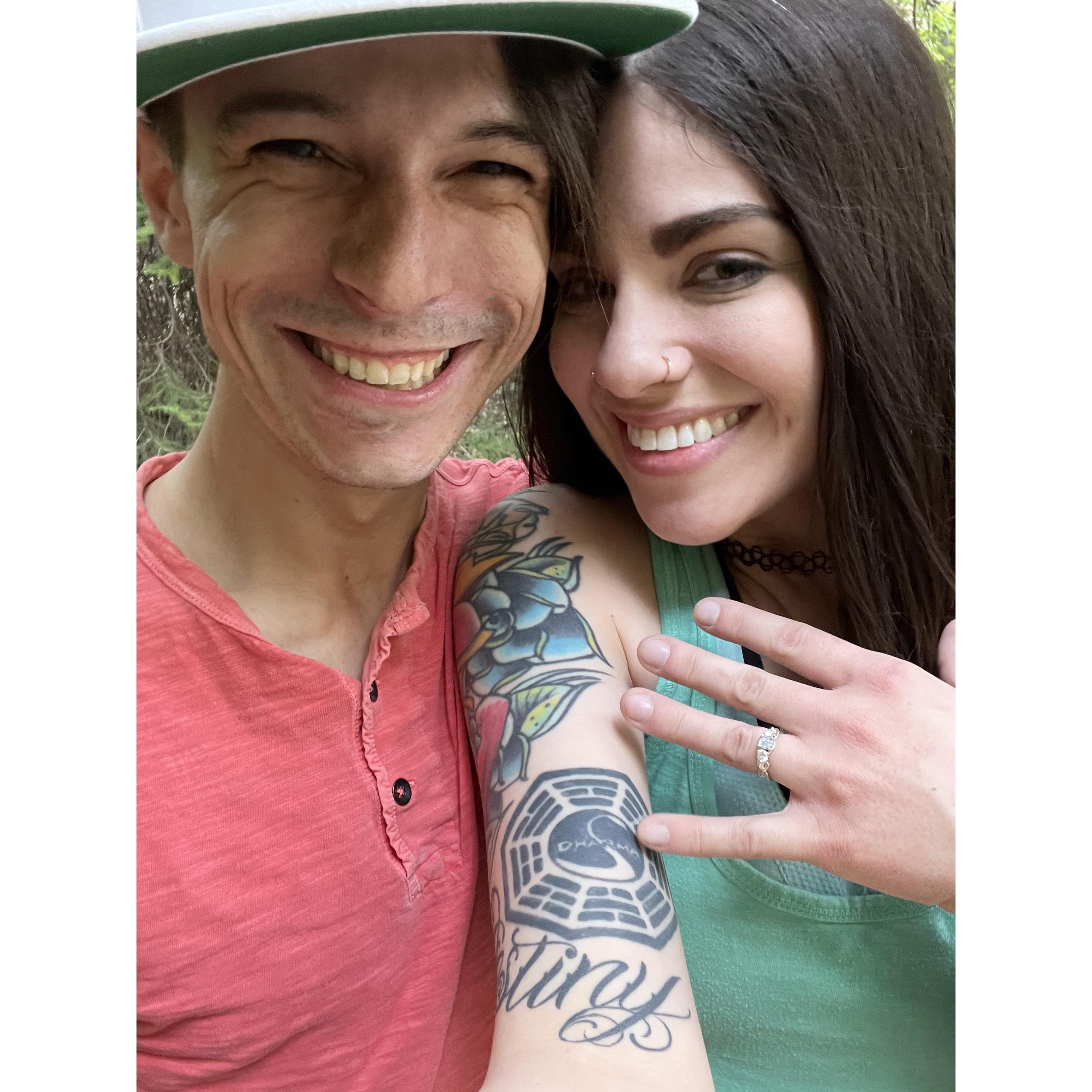 Showing off the new engagement ring right after the proposal!