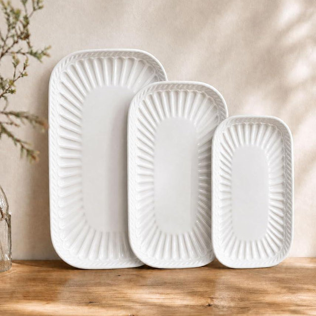 Newise Serving Platter, Rectangular 10/12/14 Inch, Serving Dishes for Entertaining, Microwave Dishwasher Safe, Set of 3 Ceramic Large Platters for Christmas, Party and Home, White