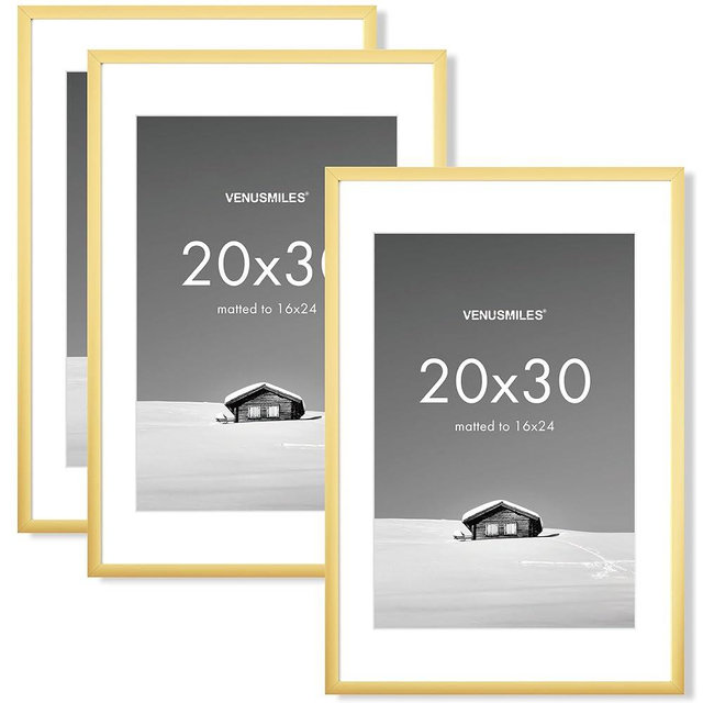 Venusmiles 20x30 inch Picture Frame, 20x30 Photo Frames with 16x24 Removable Mat - High Definition Plexiglass - Vertical and Horizontal Display - Wall Hanging Poster Frame - Gold, 3 Pack