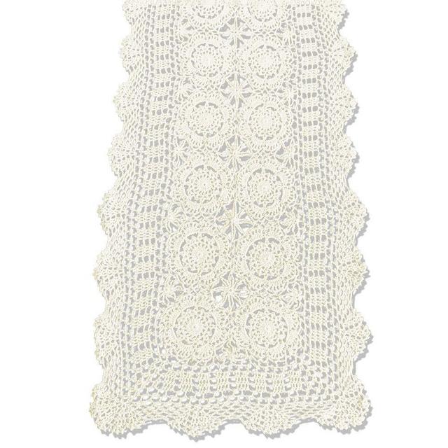 KEPSWET Cotton Handmade Crochet Lace Table Runner Beige Rectangle Coffee Table Dresser Decor (14x48 inch)