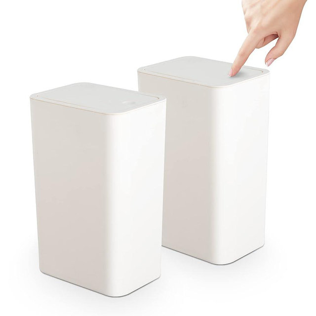 TrashAid 2 Pack Bathroom Trash Can with Lid, 2.6 Gallon / 10 Liter Small Garbage Can with Press Top Lid, Plastic Wastebasket with Pop-up Lid for Toilet, Office, Bedroom, Living Room, White