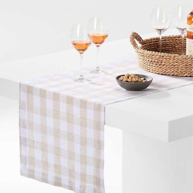 Marin 120" White and Natural Buffalo Check Euroflax Linen Runner