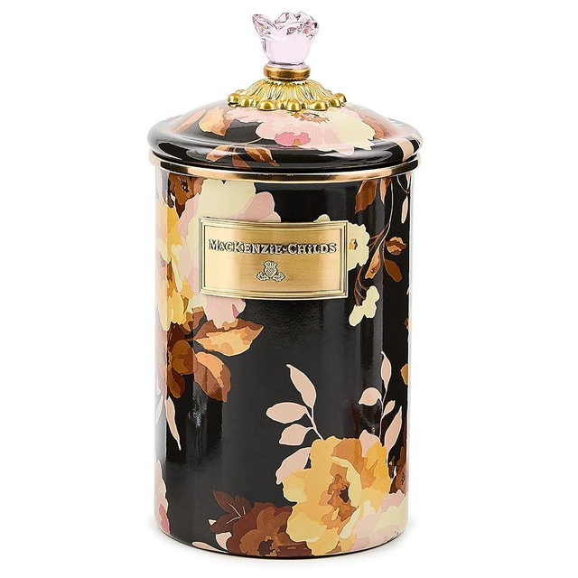 MACKENZIE-CHILDS Enamel Canister, Kitchen Storage Container with Lid, Large, Wild Rose Brown