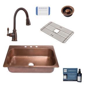 Angelico All-In-One Copper Drop-In 33 in. 3-Hole Single Bowl Kitchen Sink with Pfister Bronze Faucet and Drain