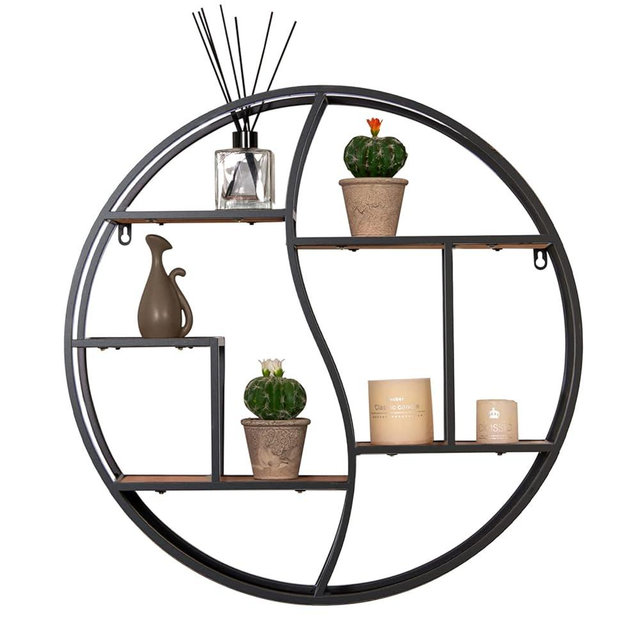 GLCS GLAUCUS Round Wall Shelf, 24 Inch Metal & Wood Circular Floating Shelf, Black Mounted Display Organizer for Fireplace, Living Room, Bathroom