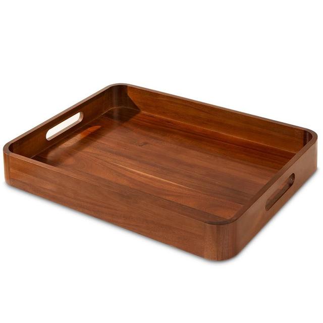 Acacia Wooden Serving Trays with Handles for Eating, Appetizers, Food, Snacks, or Home Decor, Large Wood Bed Tray or TV Tray, Decorative Ottoman or Coffee Table Accessory, 17x13 inch, Set of 1