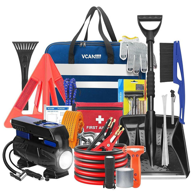 Car Emergency Safety Kit Bag with Digital Air Compressor,Jumper Cables,First Aid Kit, Winter Vehicle Roadside Safety Kit with Detachable Snow Shovel, for Women, Men, Teen