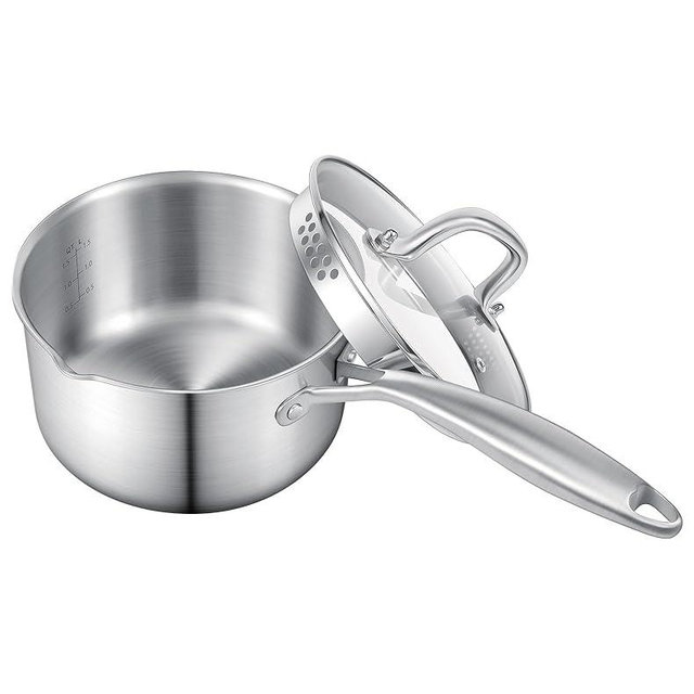 Leetaltree 1.5 Quart Stainless Steel Saucepan with Glass Strainer Lid, Thicken Tri-ply Ful Body, Multipurpose Sauce Pot with Two-Size Drainage Holes Lid, Perfect For Boiling Gravies, Pasta, Noodles